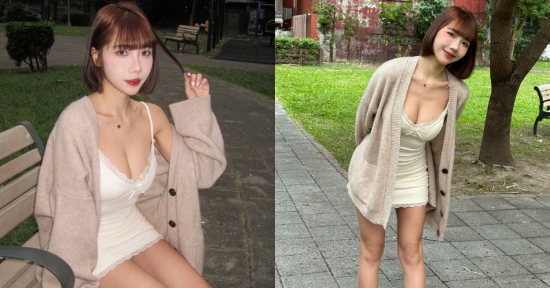 甜美短髮妹「彭彭」穿爆乳睡裙公園散步，原來是啦啦隊的淘氣女神！